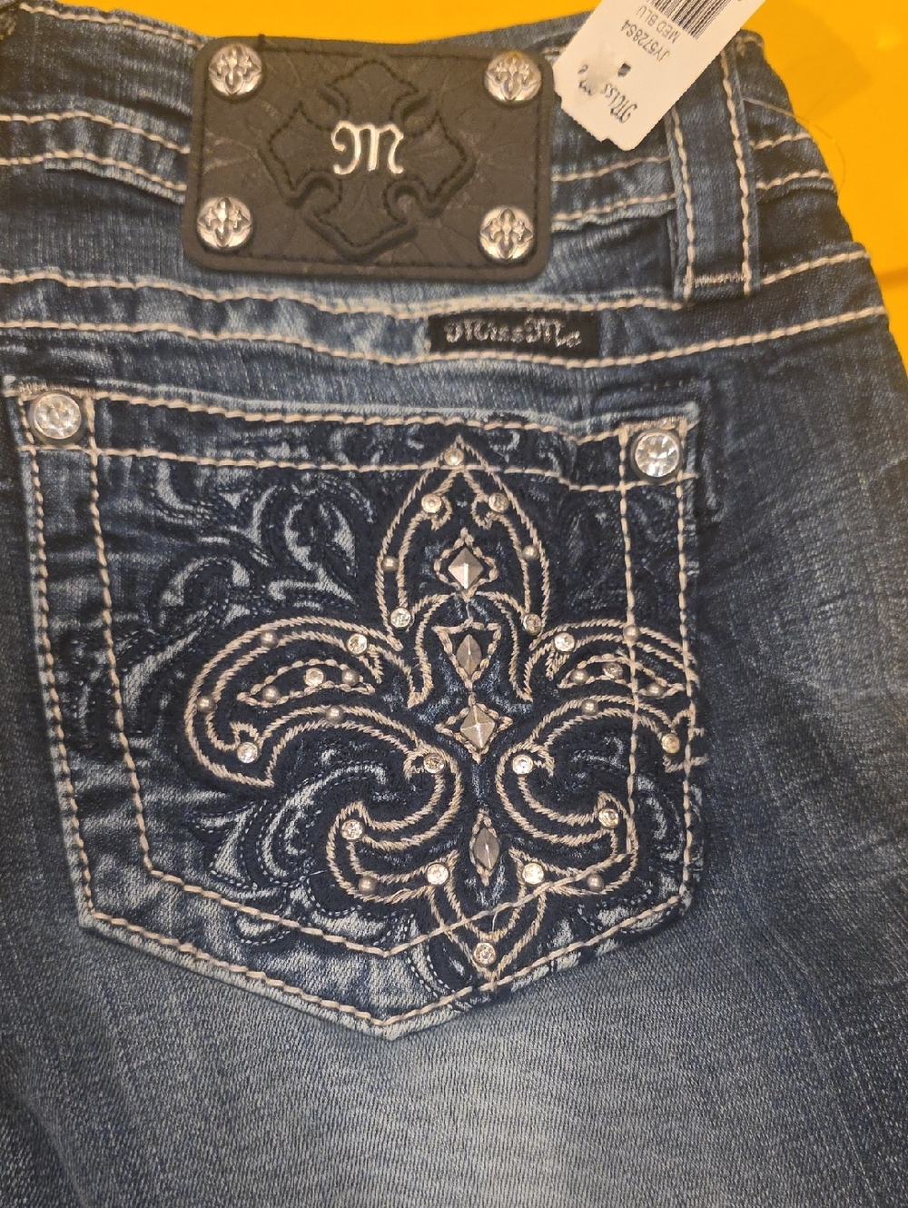 Miss Me Dark Blue Embroidered Boot Cut Jeans with Crystal Accents